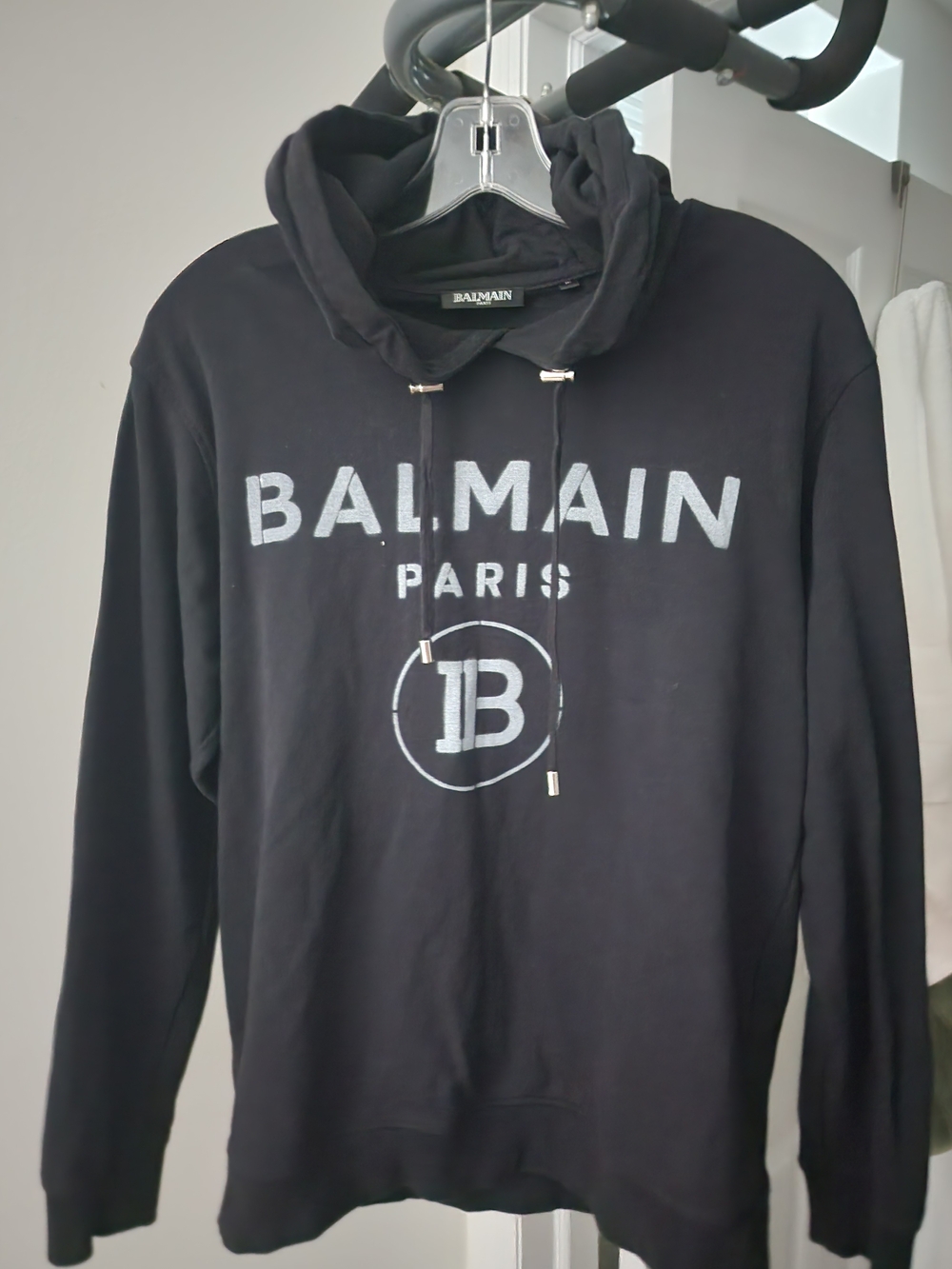 Balmain Black Hoodie with Silver Logo. S-M